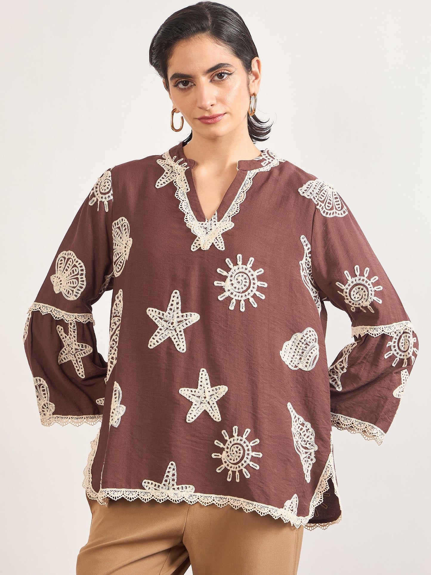 Coffee Self-Embroidery Cotton Tunic