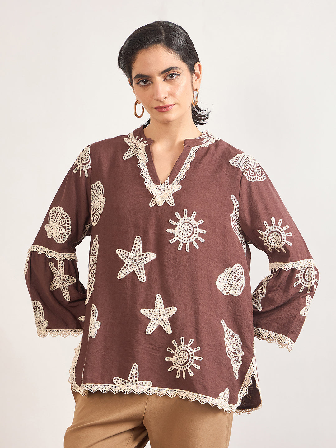 Coffee Self-Embroidery Cotton Tunic