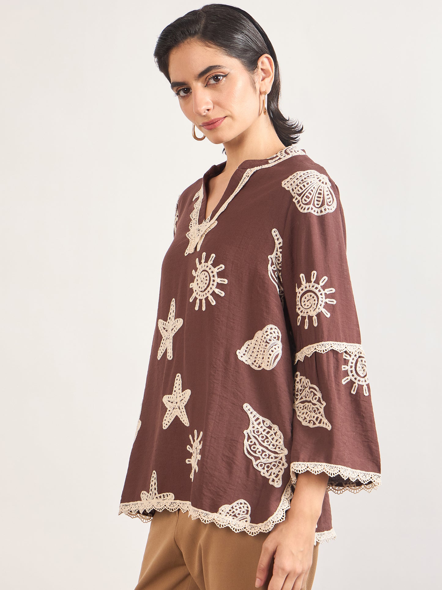 Coffee Self-Embroidery Cotton Tunic