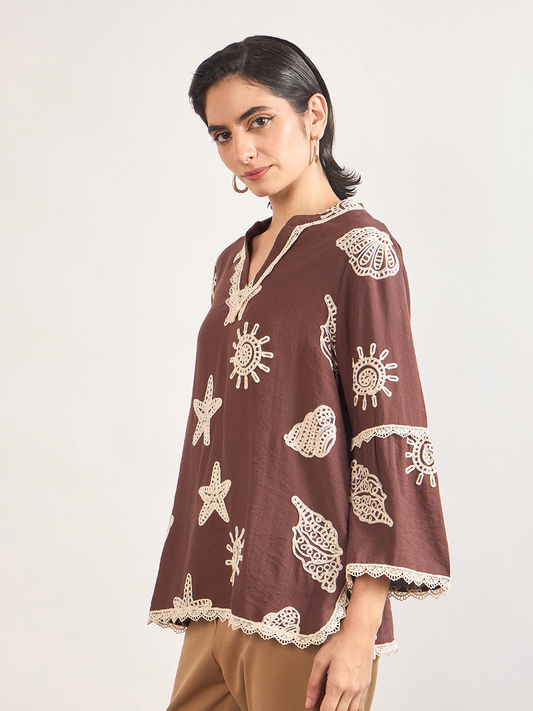 Coffee Self-Embroidery Cotton Tunic