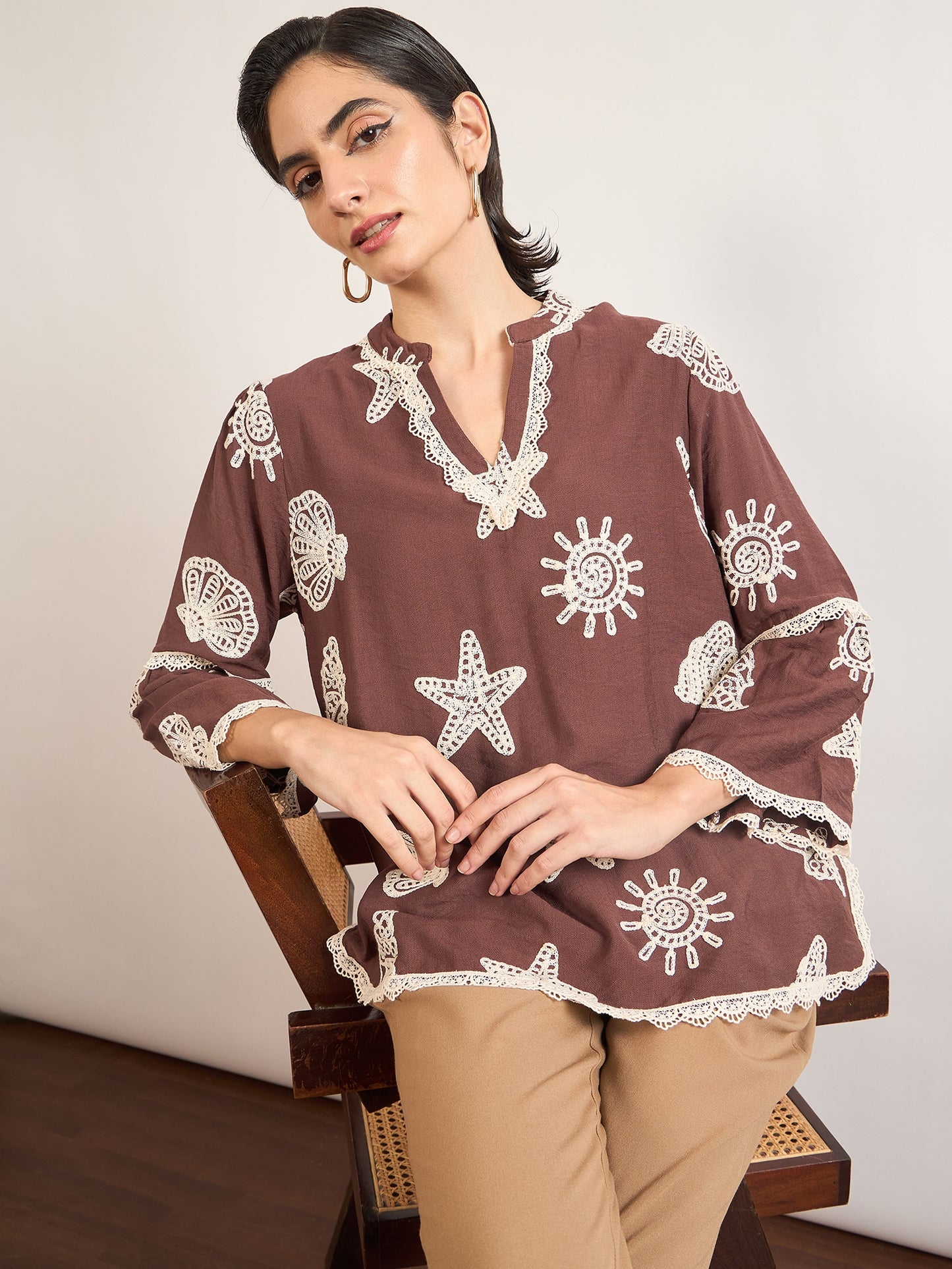 Coffee Self-Embroidery Cotton Tunic