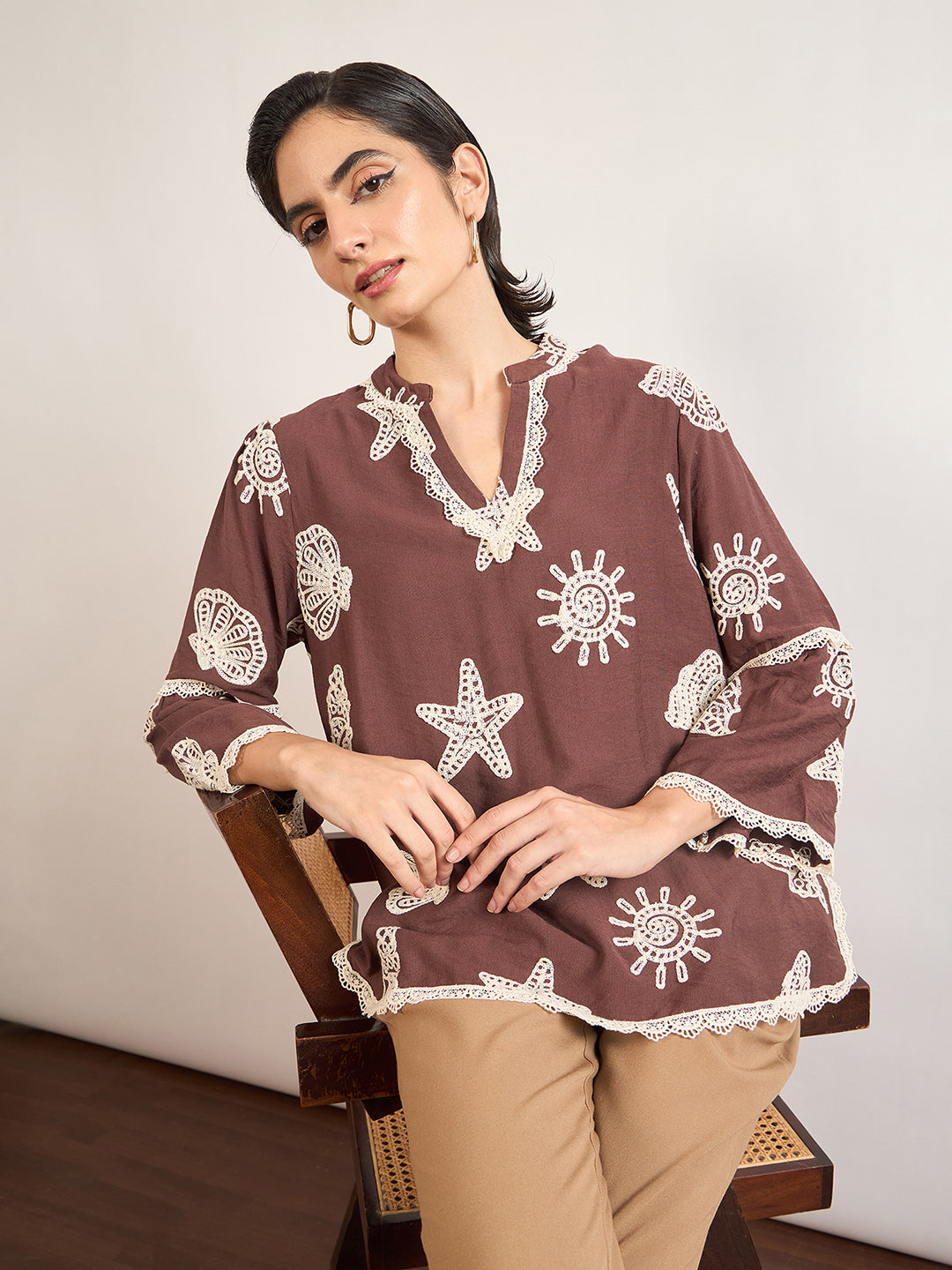 Coffee Self-Embroidery Cotton Tunic