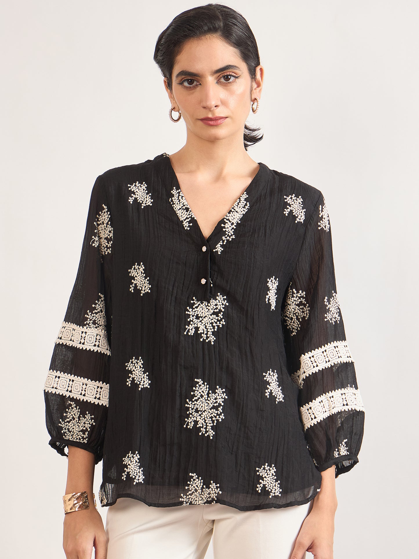 Black & White Nylon Viscose Self Embroidery Tunic