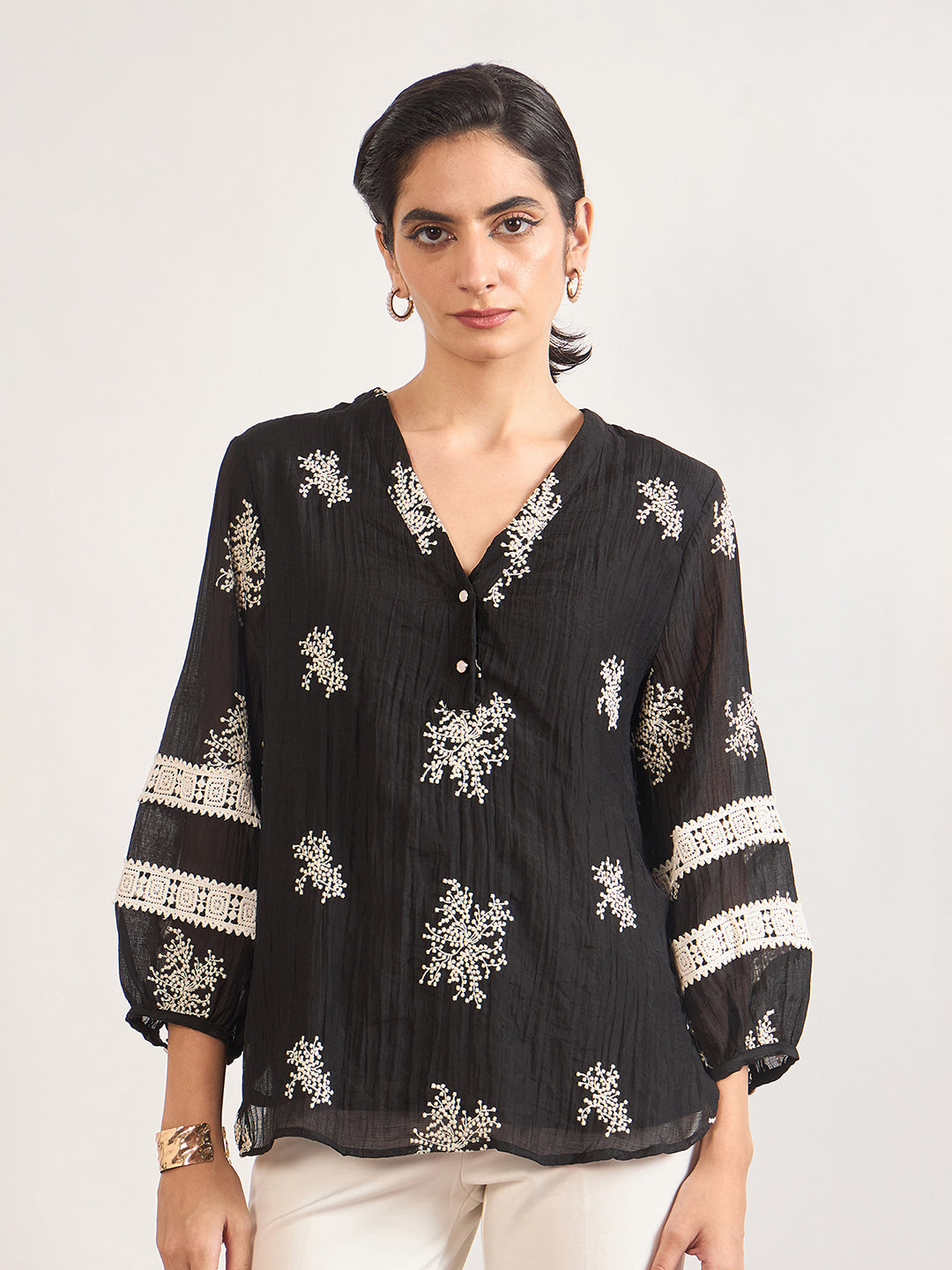 Black & White Nylon Viscose Self Embroidery Tunic