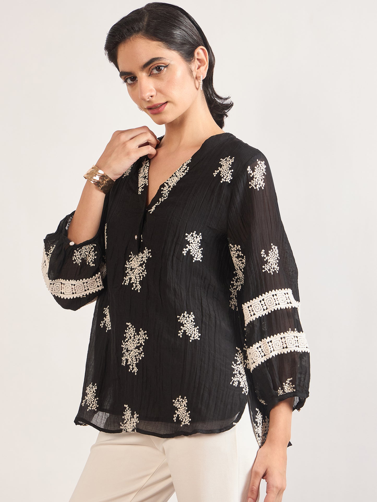 Black & White Nylon Viscose Self Embroidery Tunic