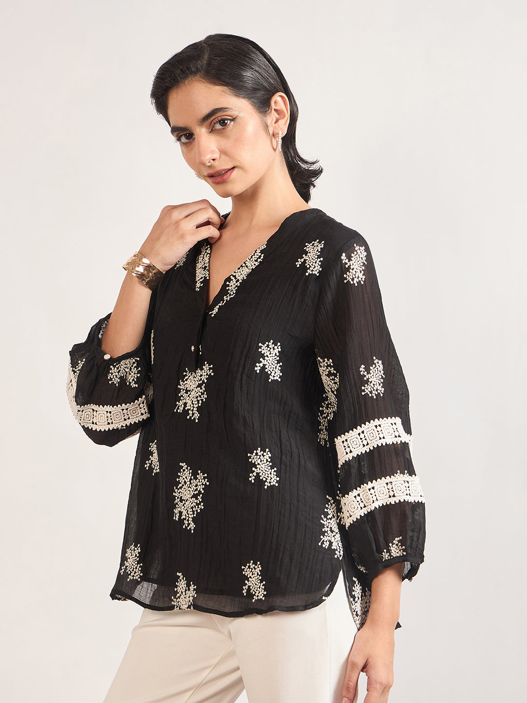 Black & White Nylon Viscose Self Embroidery Tunic