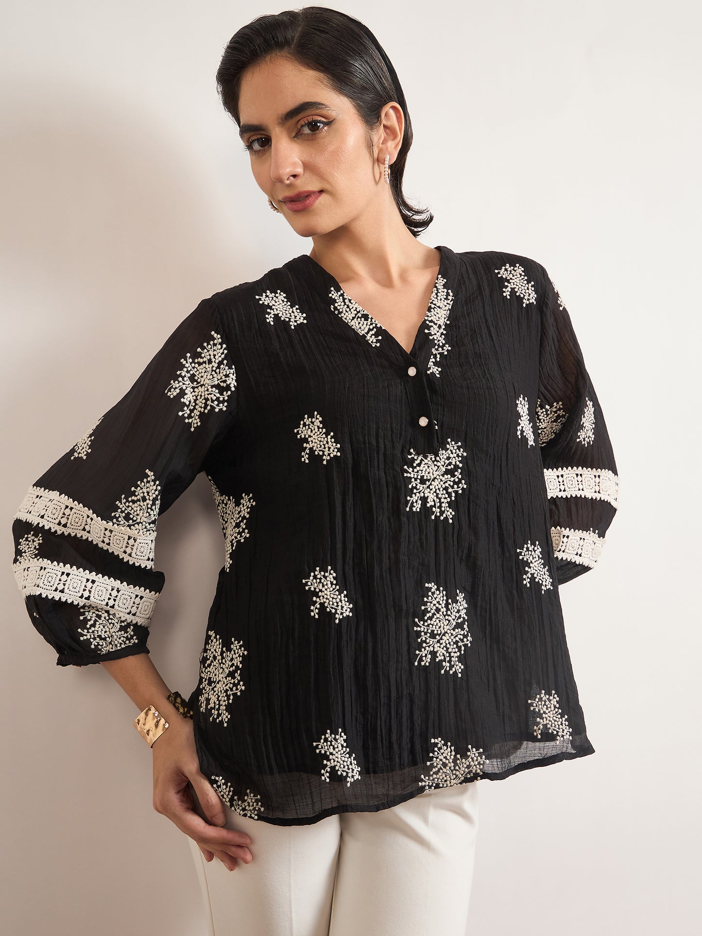 Black & White Nylon Viscose Self Embroidery Tunic