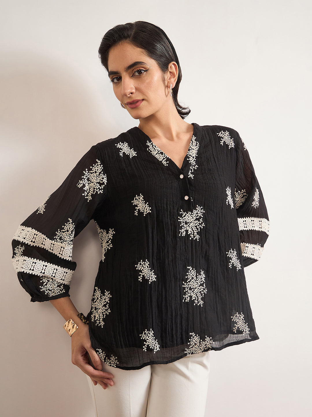 Black & White Nylon Viscose Self Embroidery Tunic