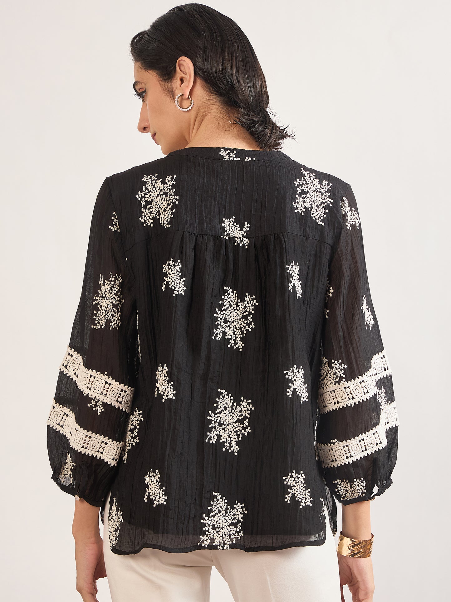 Black & White Nylon Viscose Self Embroidery Tunic