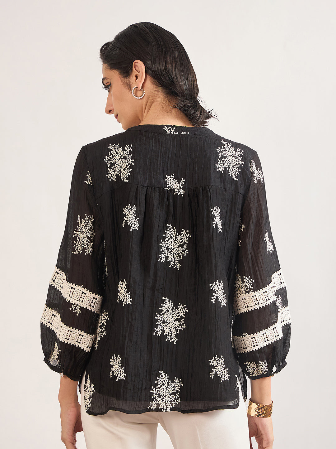 Black & White Nylon Viscose Self Embroidery Tunic
