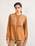 Tan A-Line Cotton Top with 3D Sailor Collar Embroidery