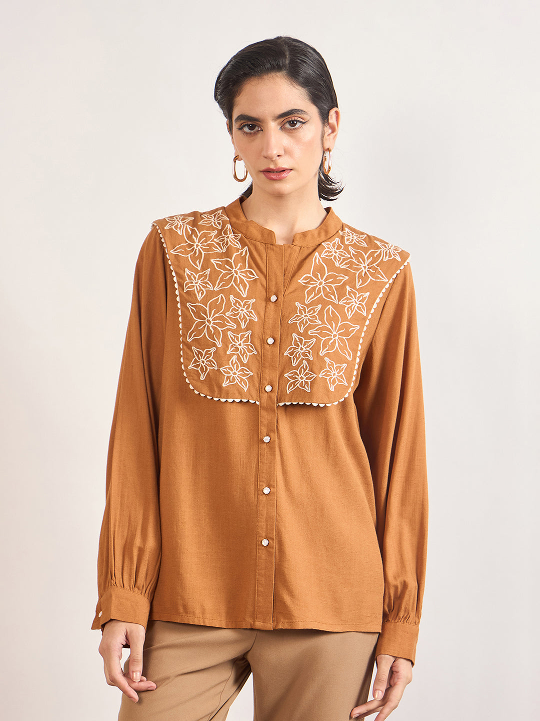 Tan A-Line Cotton Top with 3D Sailor Collar Embroidery
