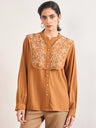 Tan A-Line Cotton Top with 3D Sailor Collar Embroidery