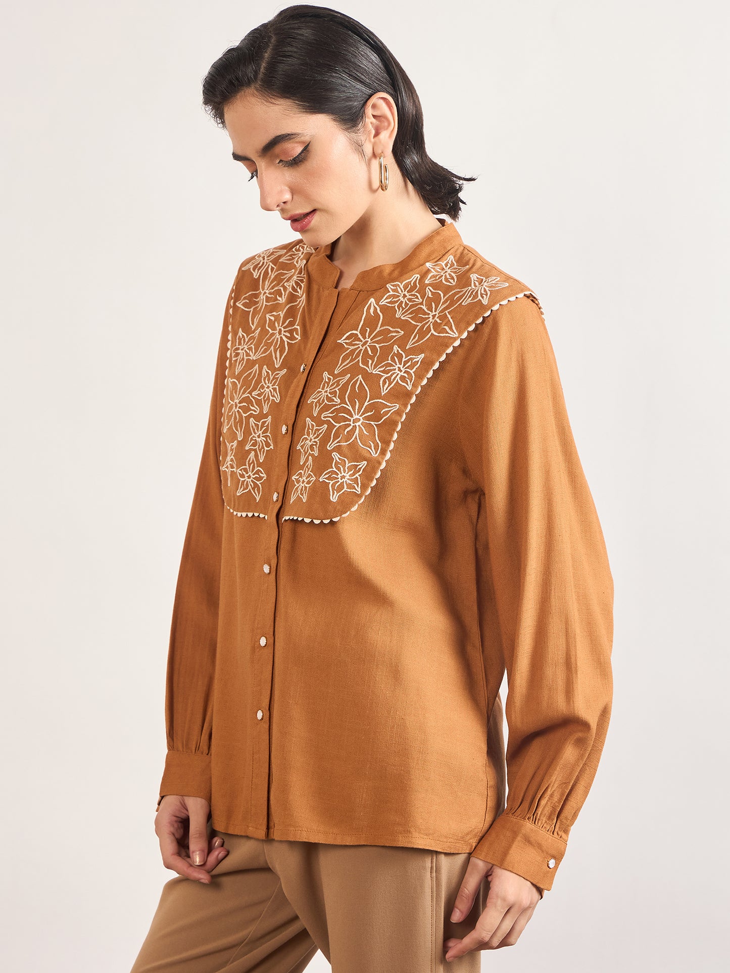 Tan A-Line Cotton Top with 3D Sailor Collar Embroidery