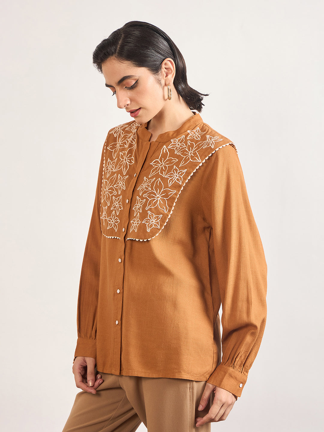 Tan A-Line Cotton Top with 3D Sailor Collar Embroidery