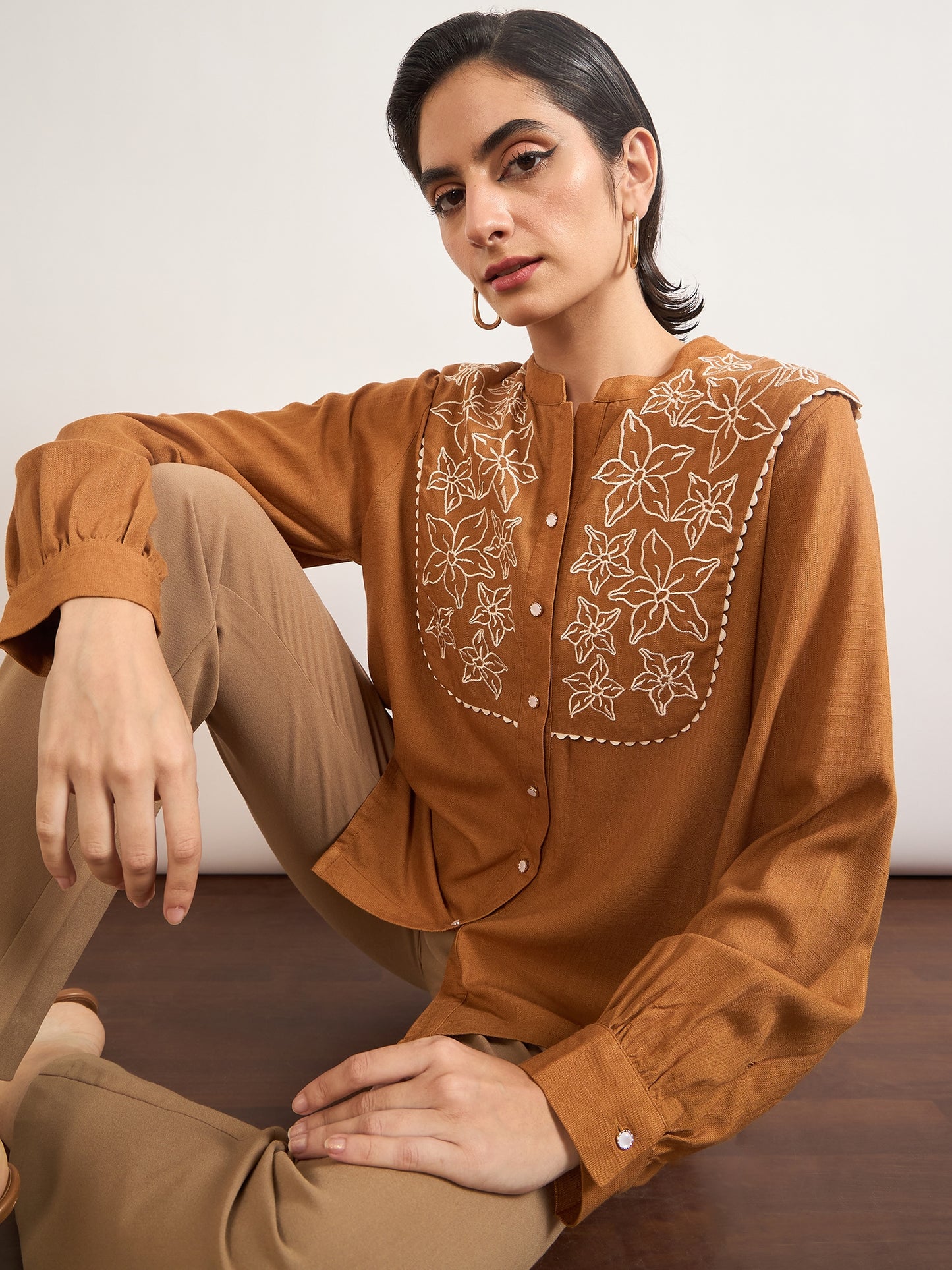 Tan A-Line Cotton Top with 3D Sailor Collar Embroidery