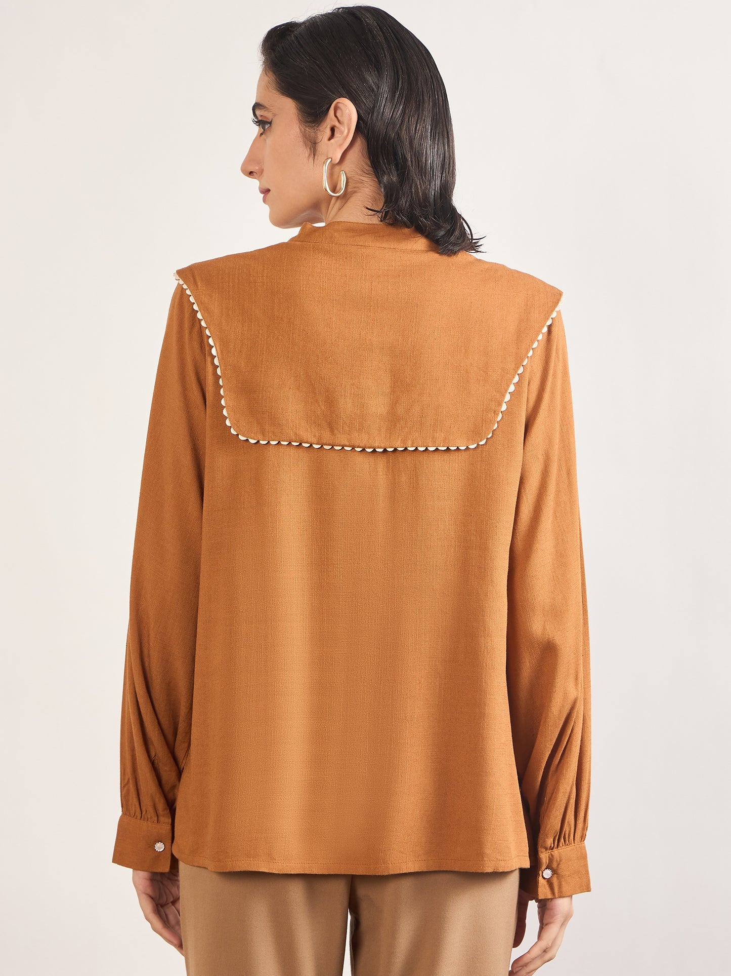 Tan A-Line Cotton Top with 3D Sailor Collar Embroidery