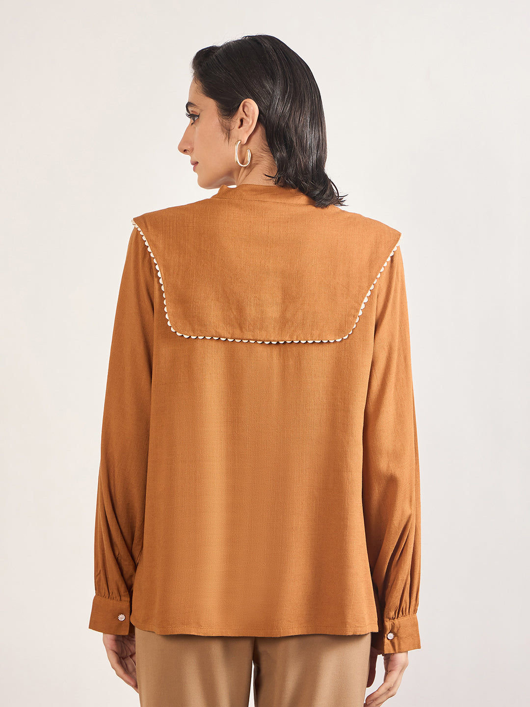 Tan A-Line Cotton Top with 3D Sailor Collar Embroidery