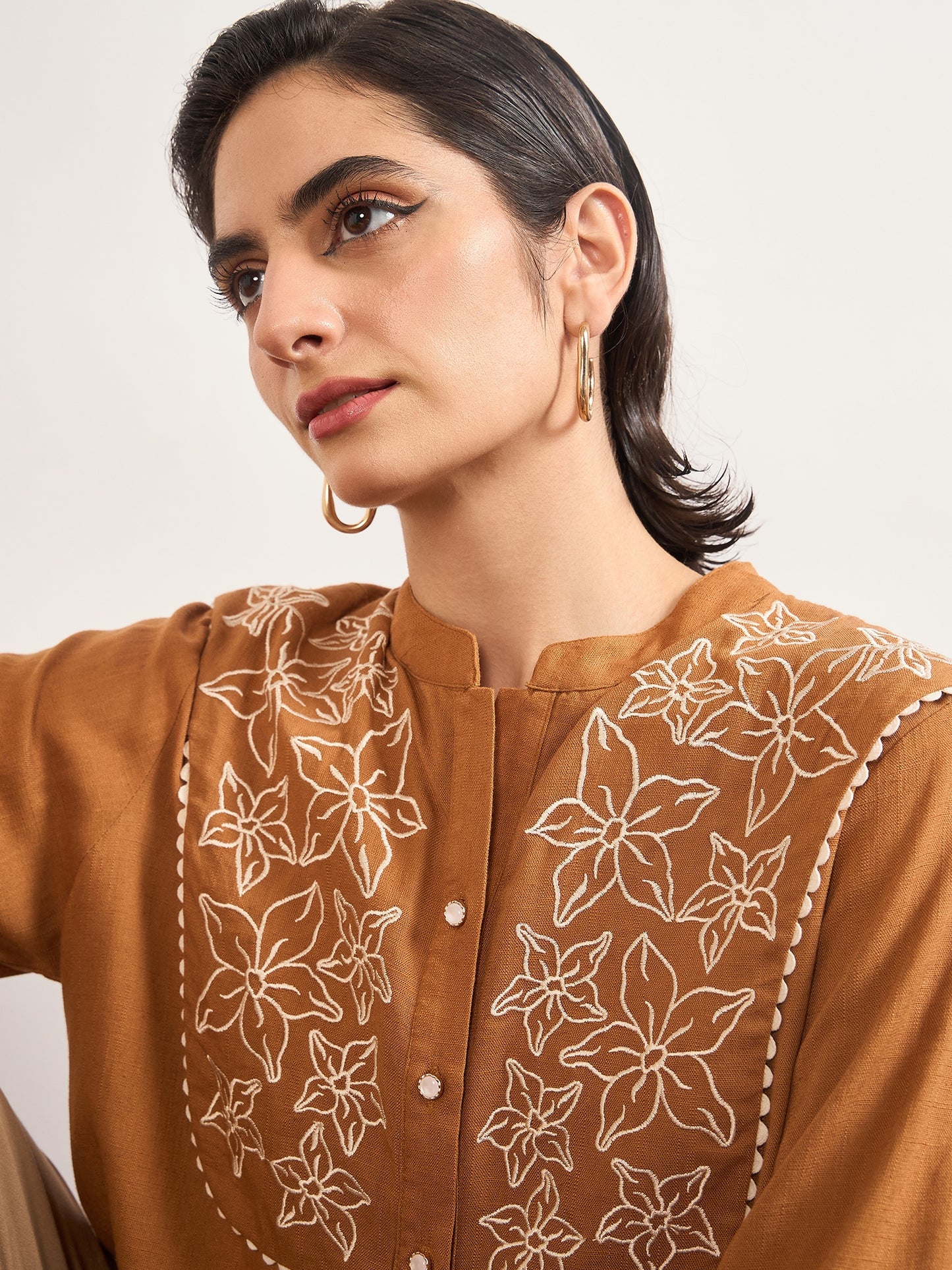 Tan A-Line Cotton Top with 3D Sailor Collar Embroidery