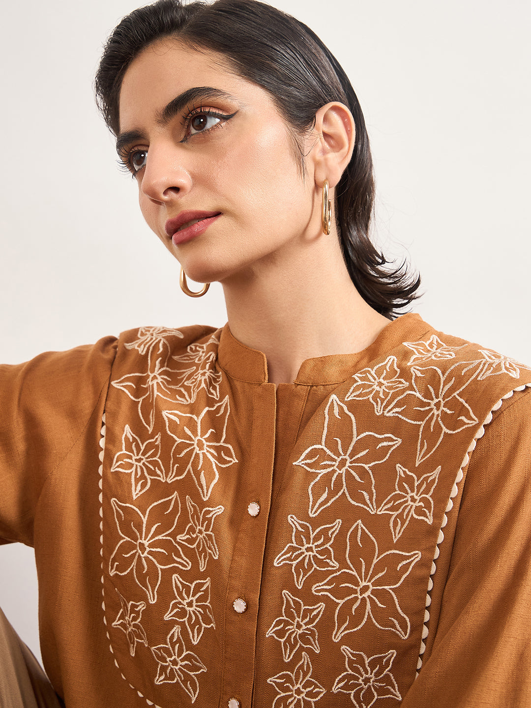 Tan A-Line Cotton Top with 3D Sailor Collar Embroidery