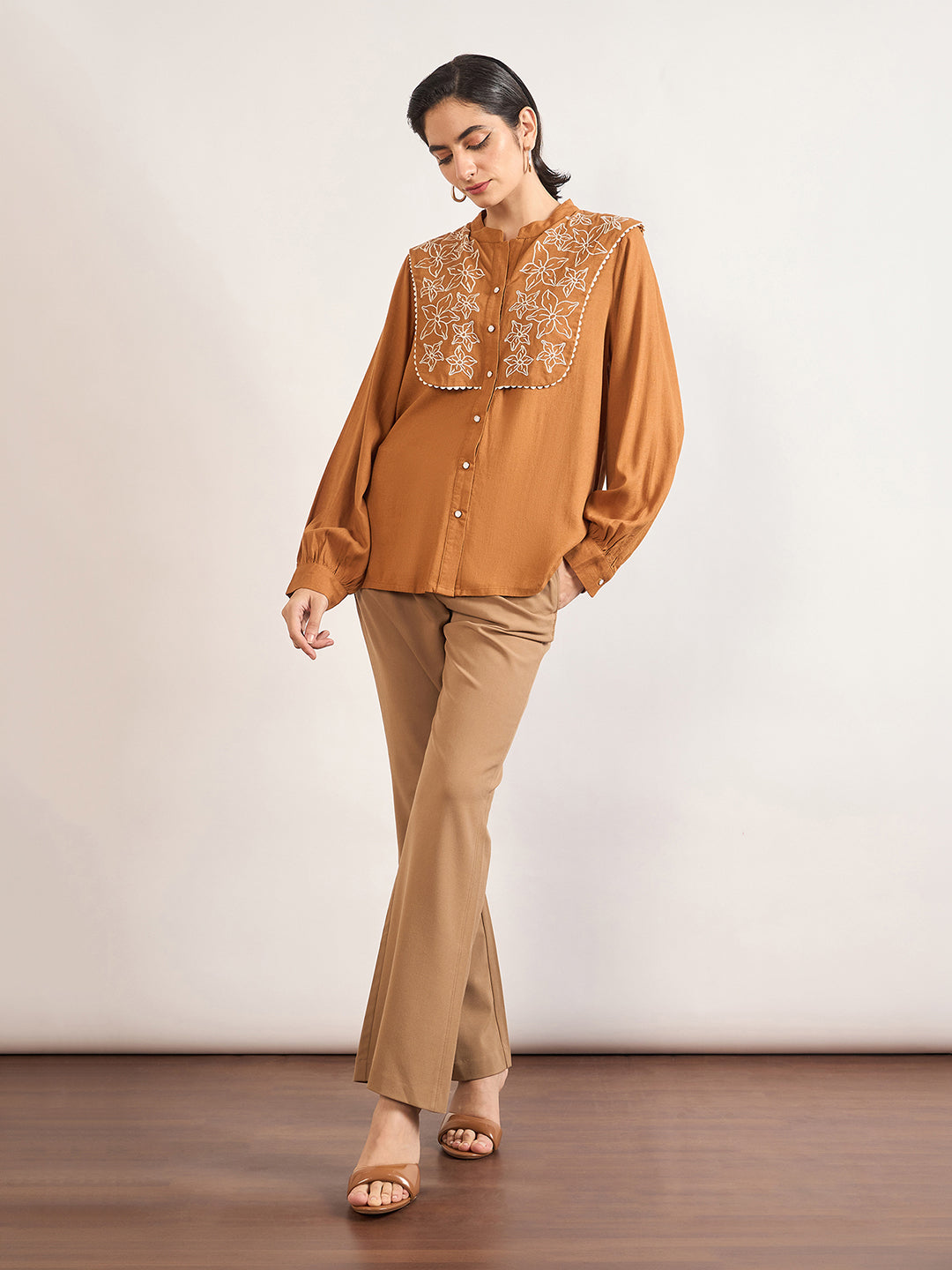 Tan A-Line Cotton Top with 3D Sailor Collar Embroidery