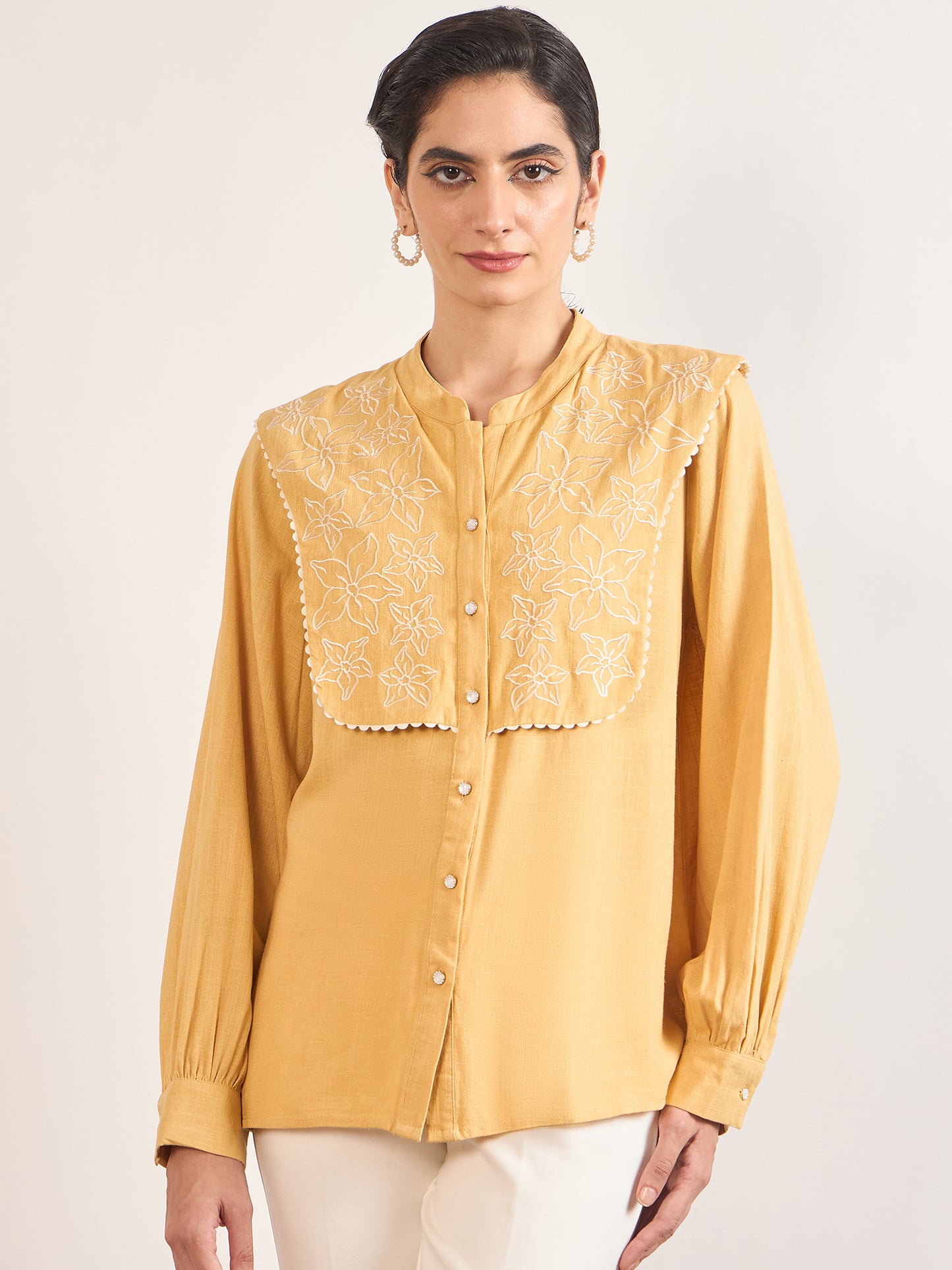 Yellow A-Line Cotton Top with 3D Sailor Collar Embroidery
