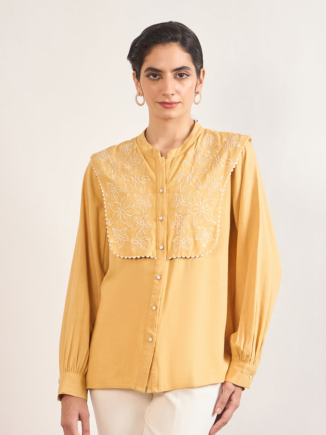 Yellow A-Line Cotton Top with 3D Sailor Collar Embroidery