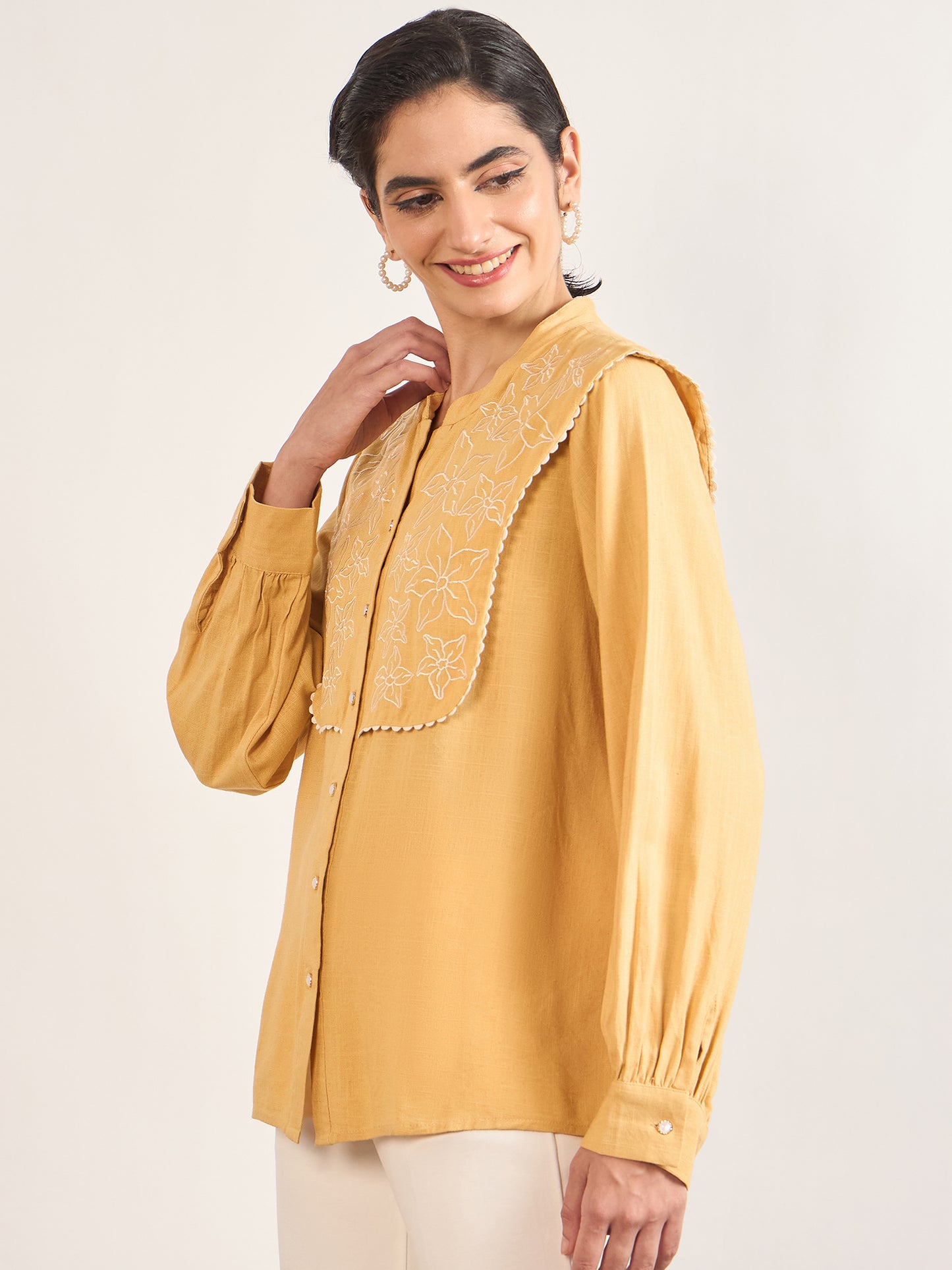 Yellow A-Line Cotton Top with 3D Sailor Collar Embroidery