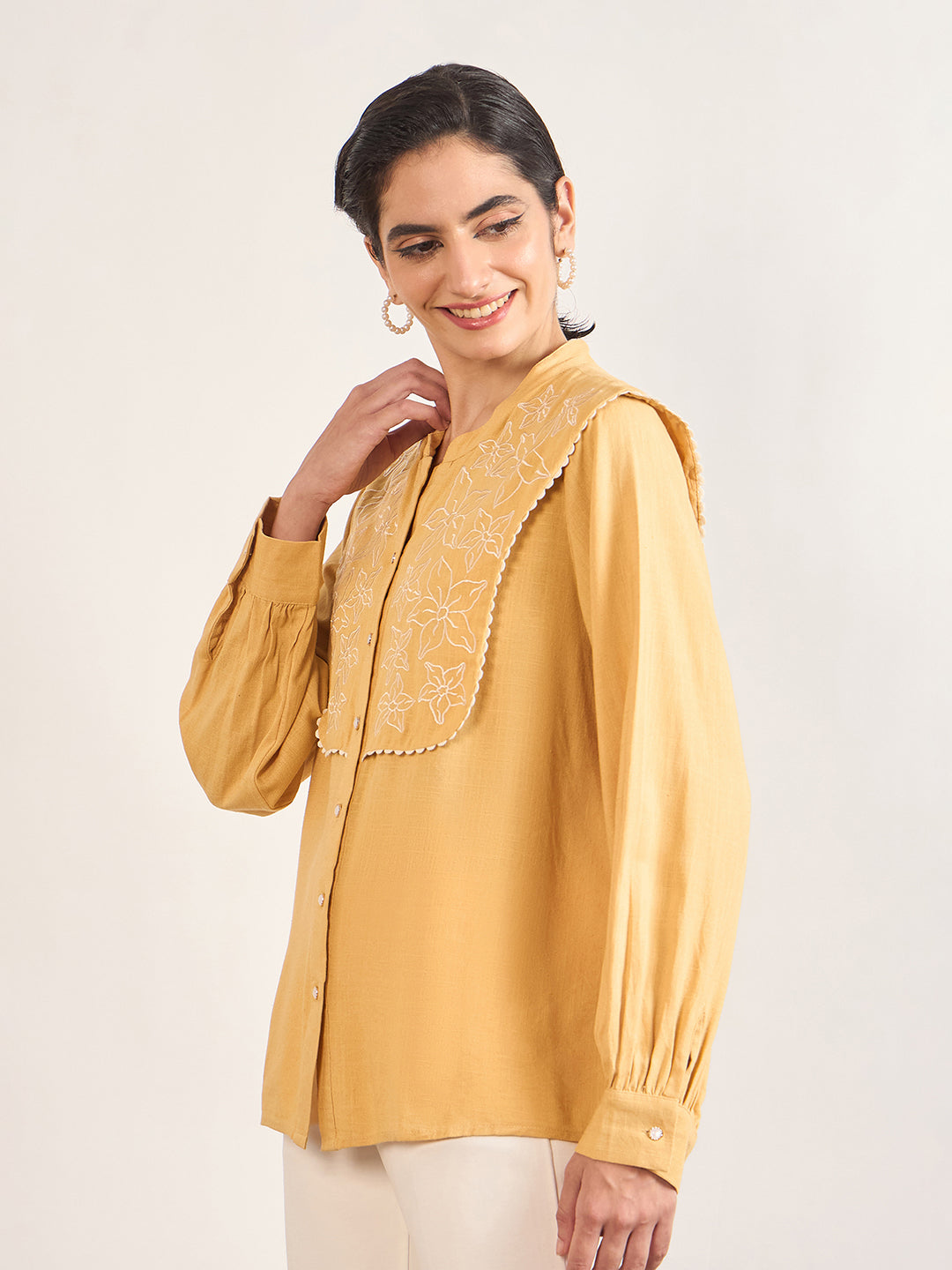 Yellow A-Line Cotton Top with 3D Sailor Collar Embroidery