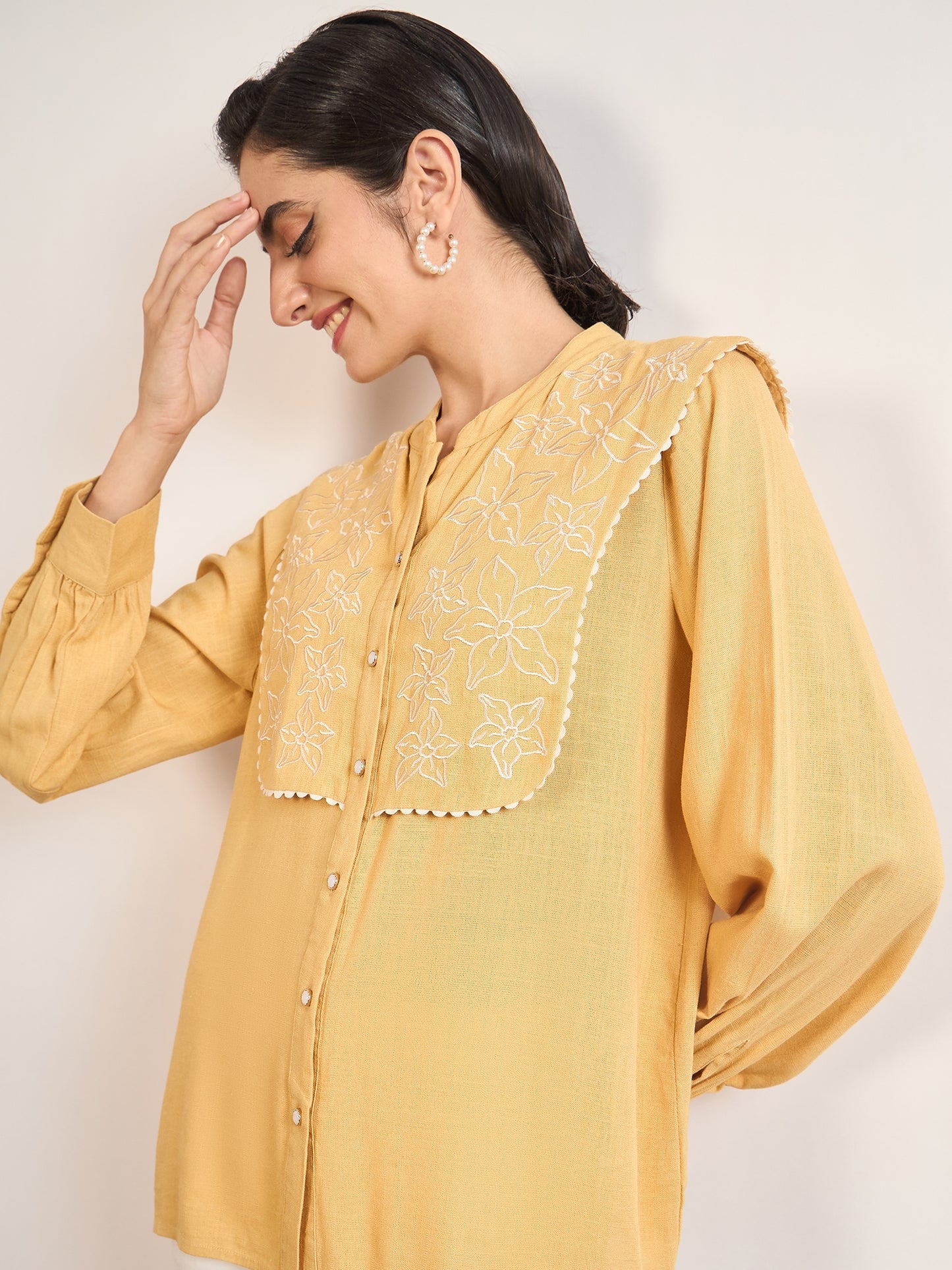 Yellow A-Line Cotton Top with 3D Sailor Collar Embroidery