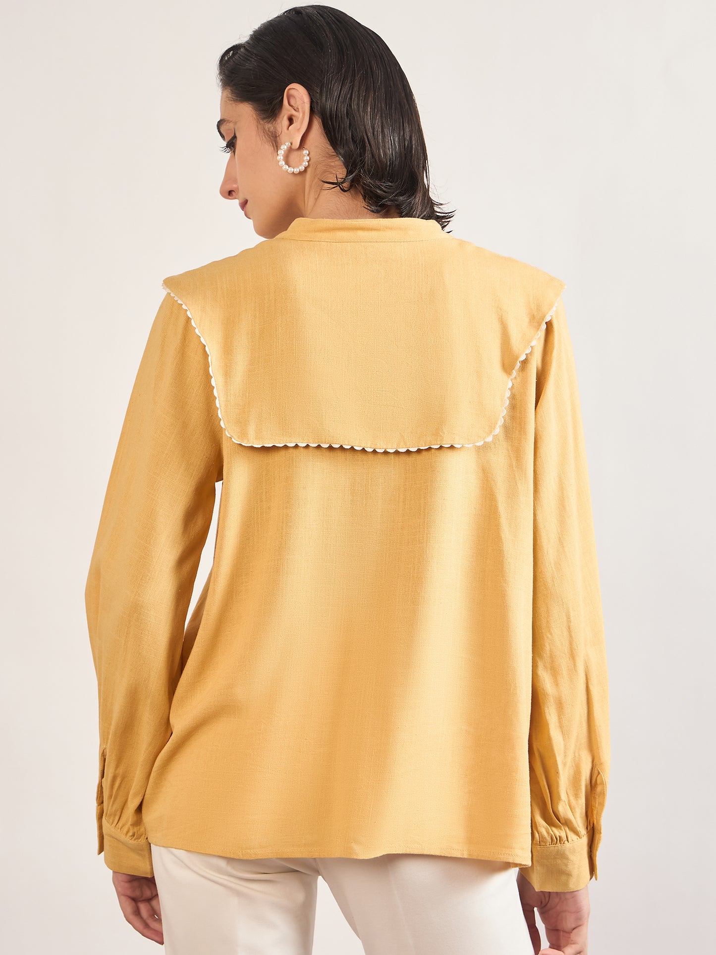 Yellow A-Line Cotton Top with 3D Sailor Collar Embroidery