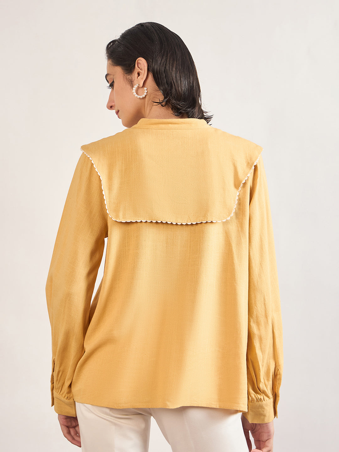 Yellow A-Line Cotton Top with 3D Sailor Collar Embroidery