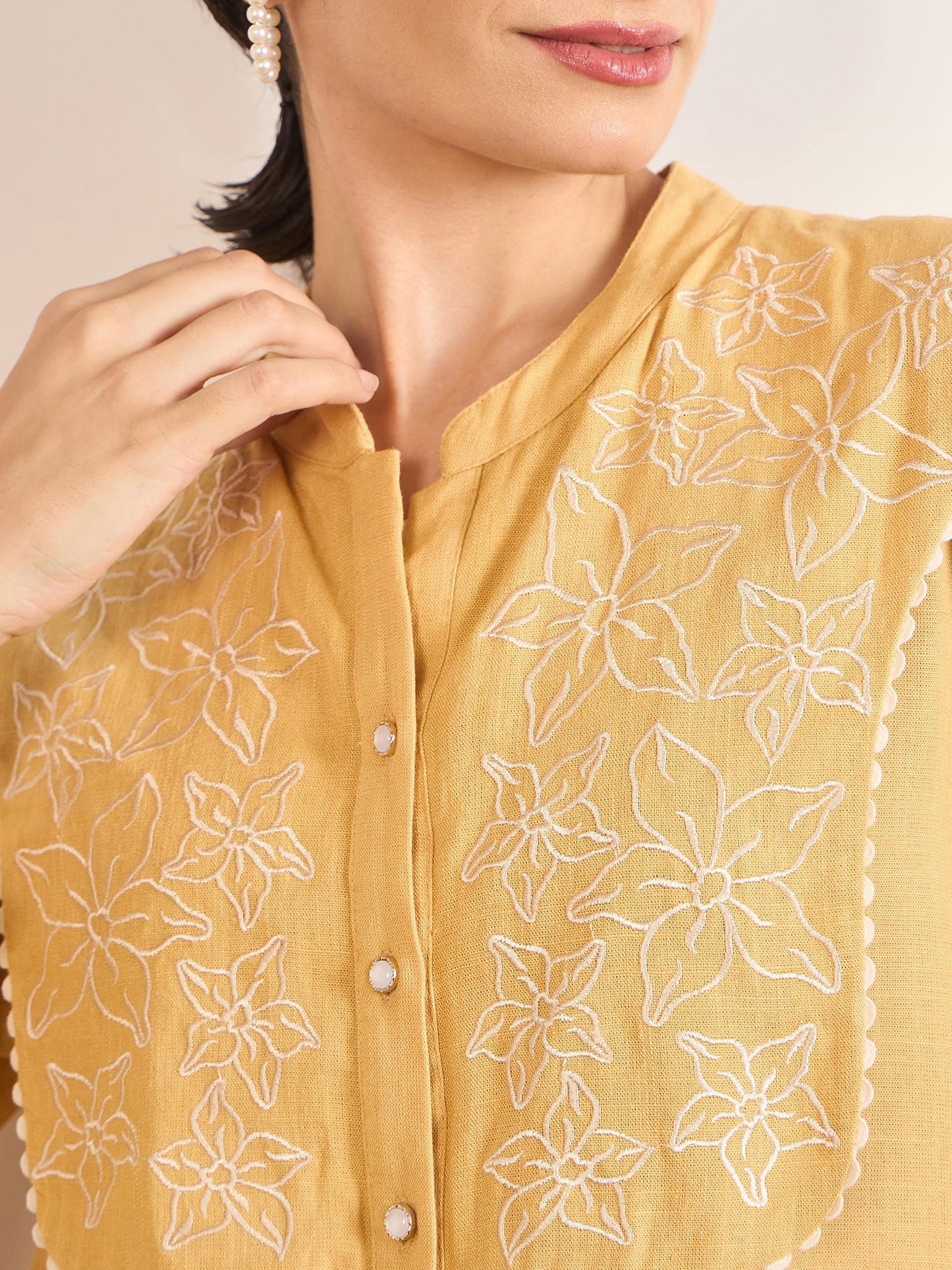 Yellow A-Line Cotton Top with 3D Sailor Collar Embroidery