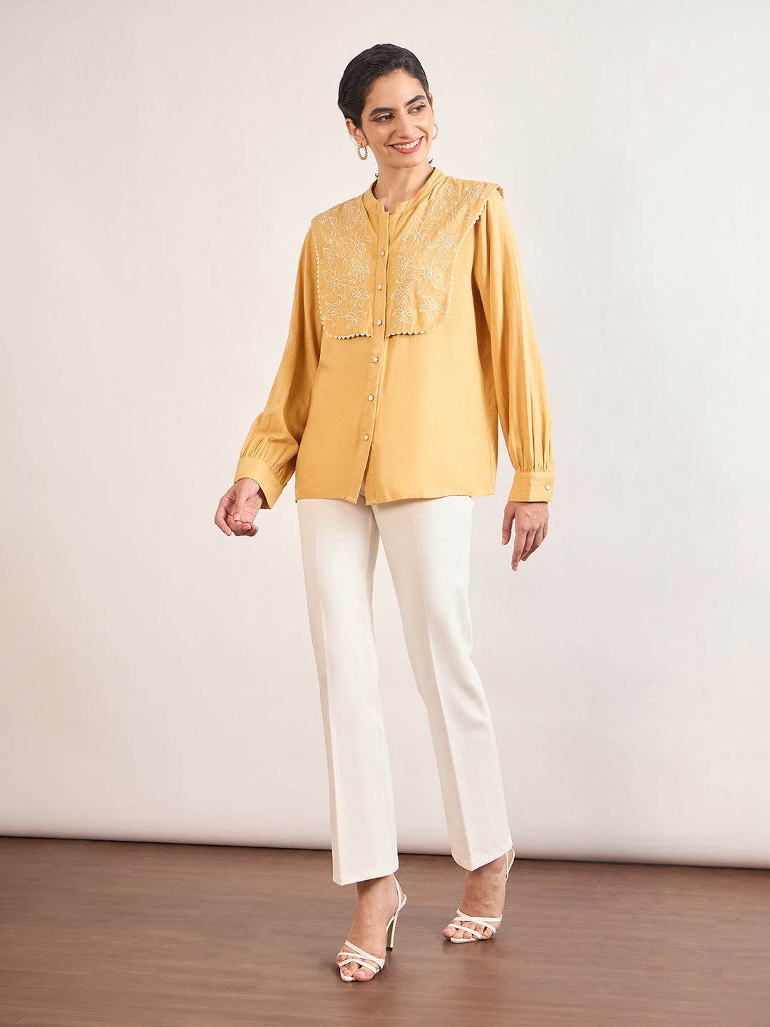 Yellow A-Line Cotton Top with 3D Sailor Collar Embroidery