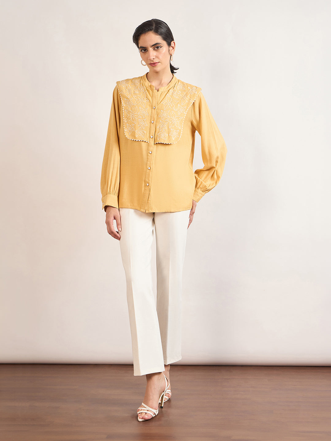 Yellow A-Line Cotton Top with 3D Sailor Collar Embroidery