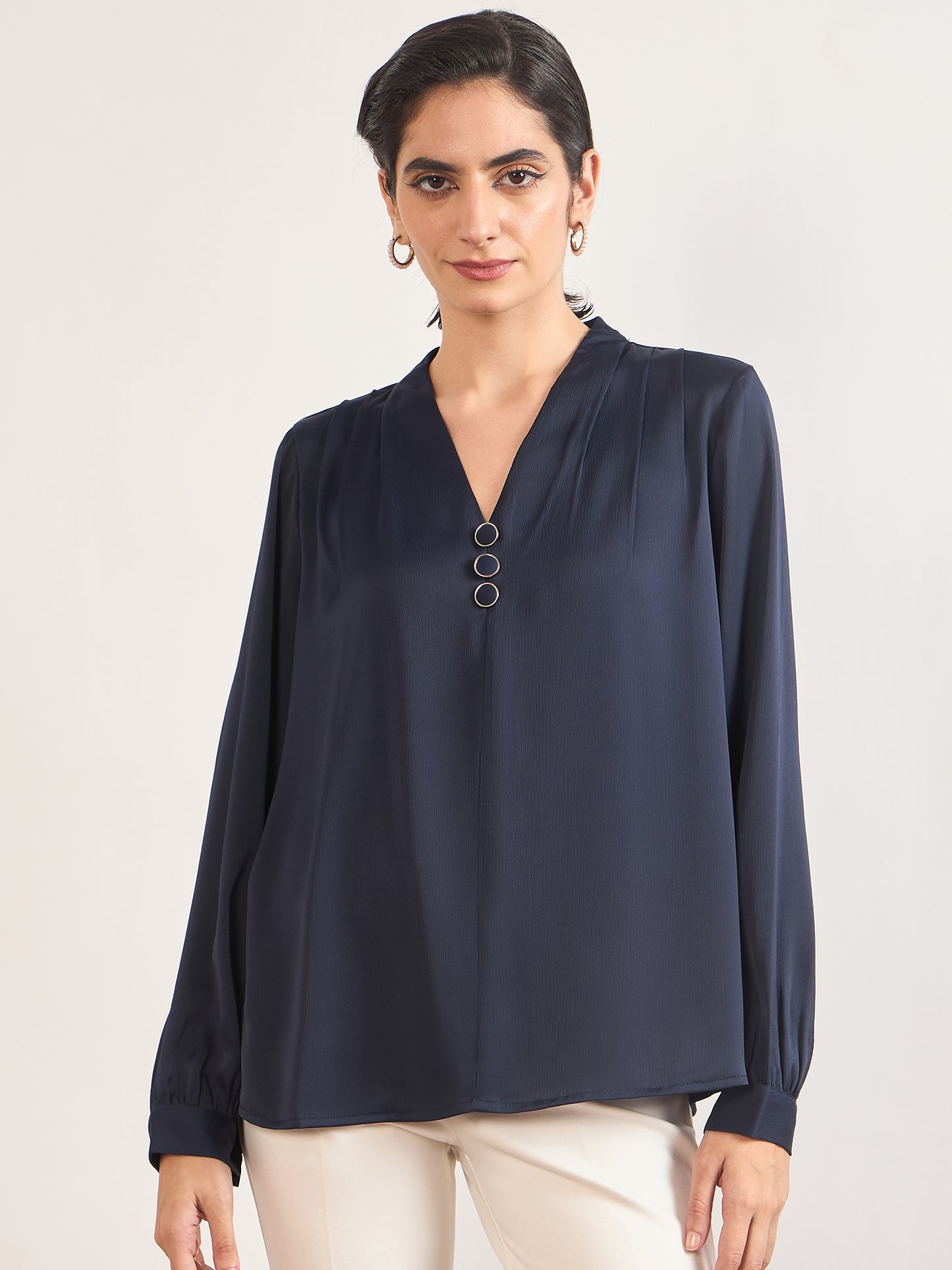 Navy Nylon Viscose Cuffed Sleeves Tunic