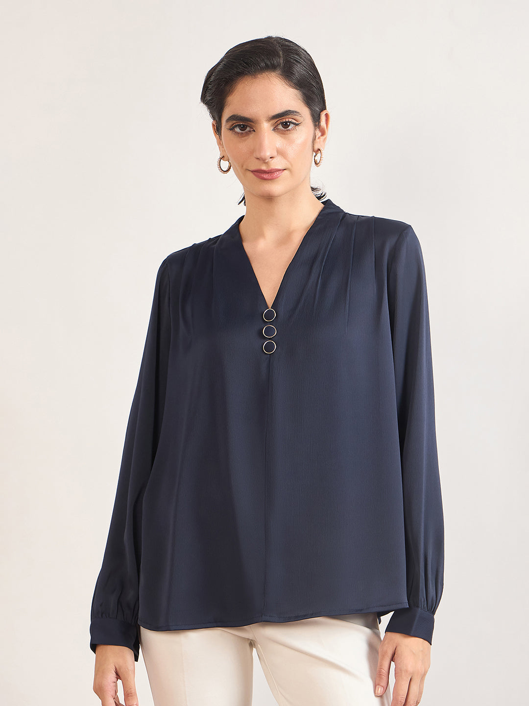 Navy Nylon Viscose Cuffed Sleeves Tunic