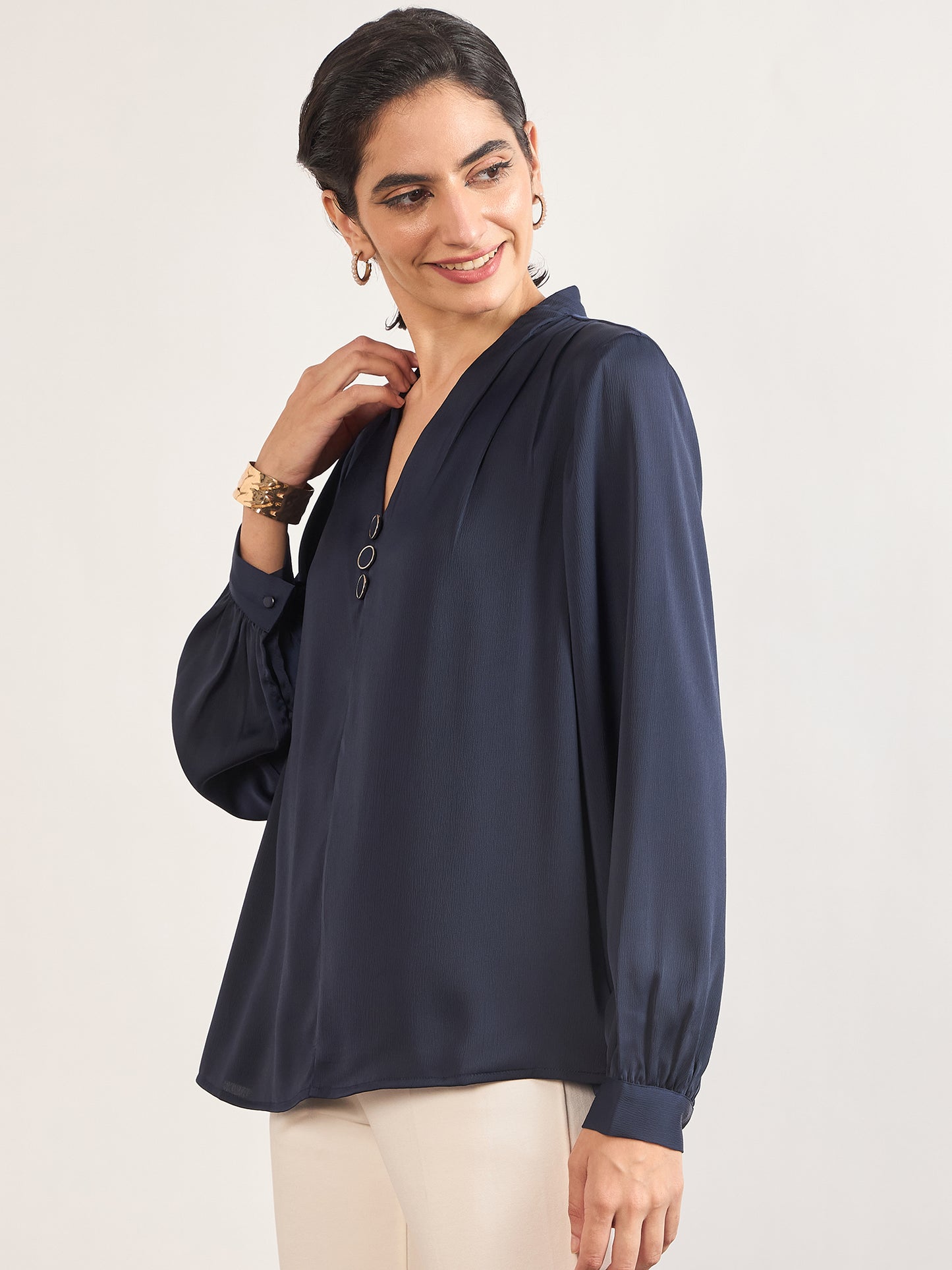 Navy Nylon Viscose Cuffed Sleeves Tunic