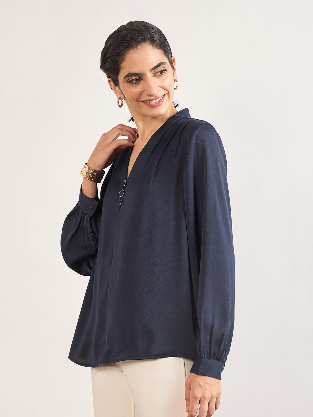 Navy Nylon Viscose Cuffed Sleeves Tunic