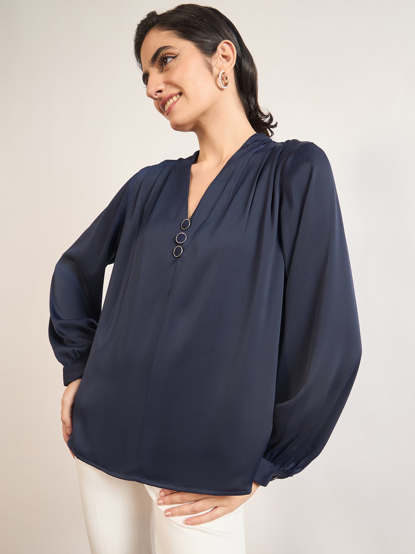 Navy Nylon Viscose Cuffed Sleeves Tunic