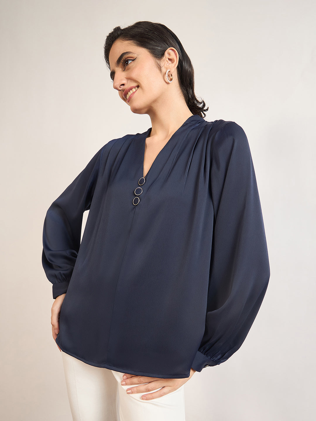 Navy Nylon Viscose Cuffed Sleeves Tunic