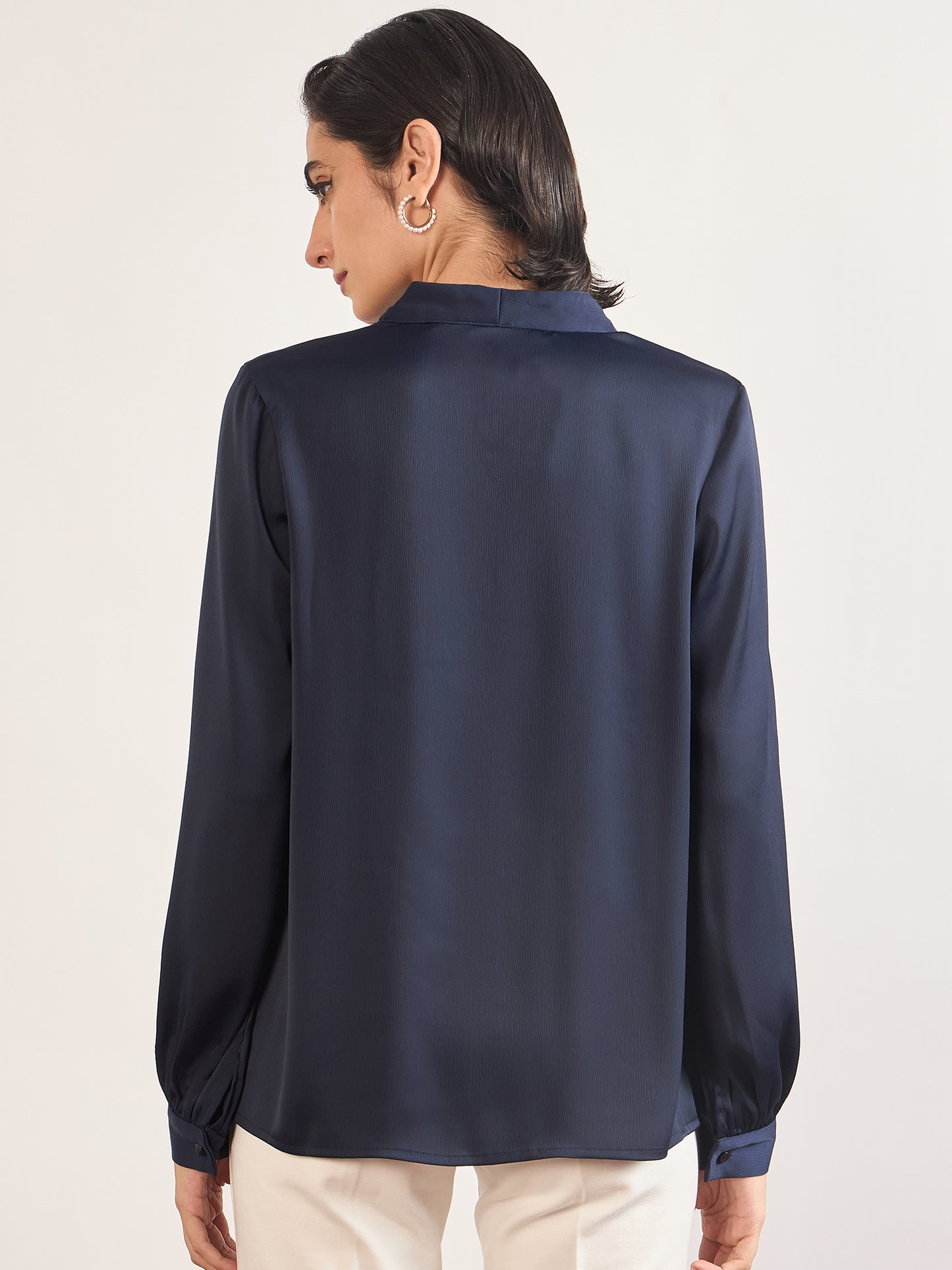 Navy Nylon Viscose Cuffed Sleeves Tunic