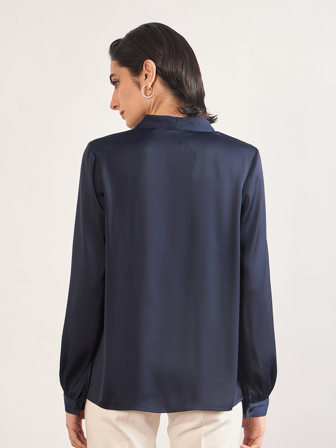 Navy Nylon Viscose Cuffed Sleeves Tunic