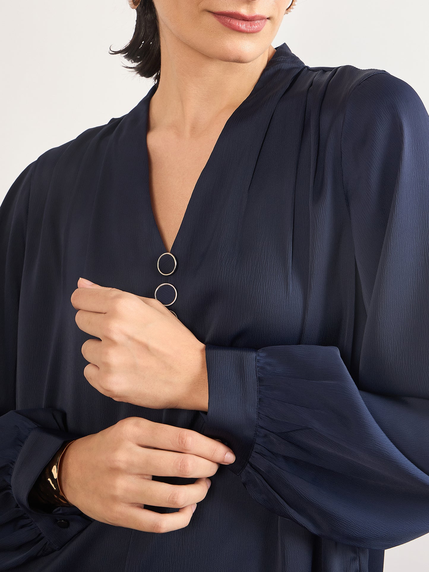 Navy Nylon Viscose Cuffed Sleeves Tunic