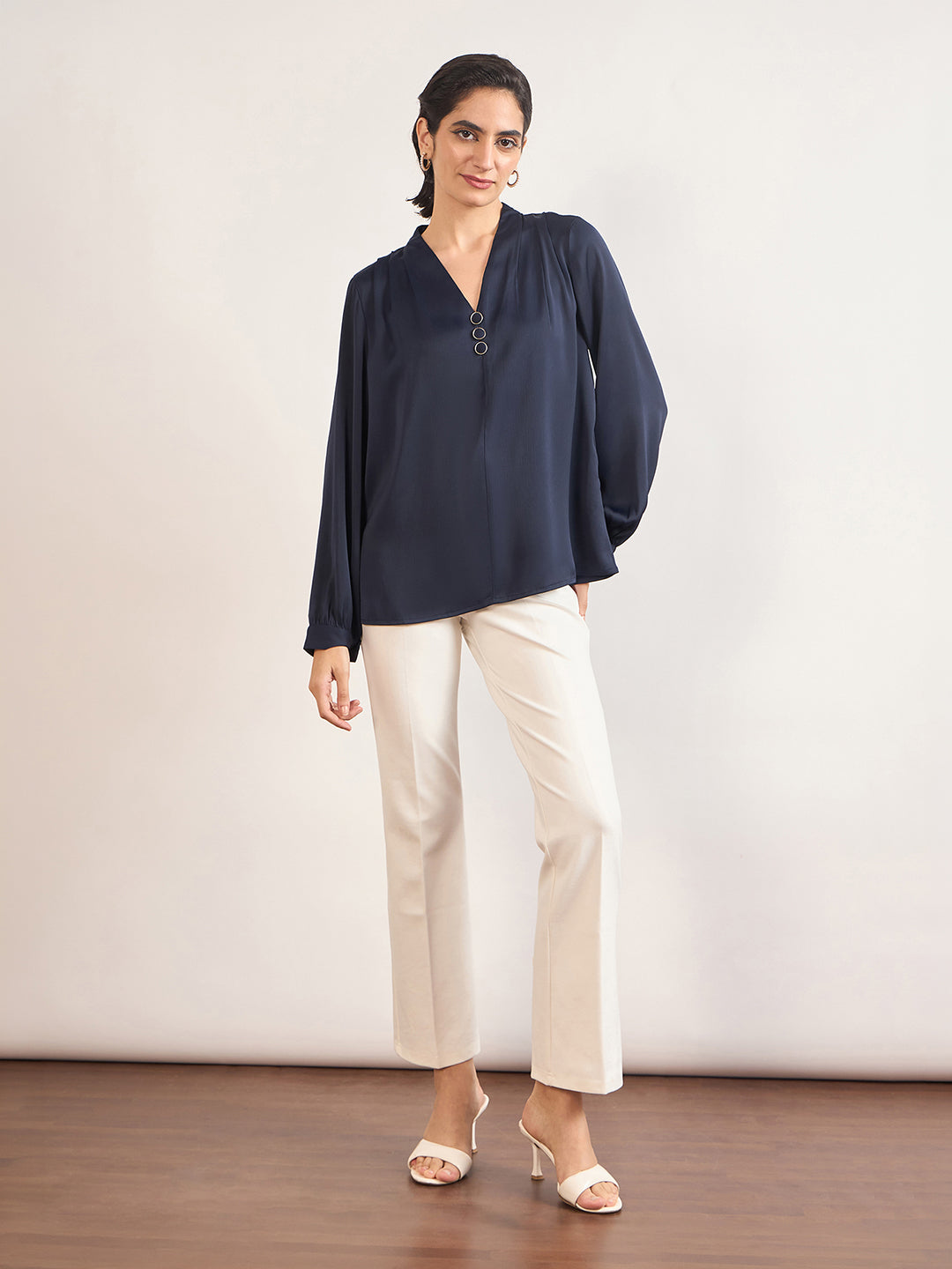 Navy Nylon Viscose Cuffed Sleeves Tunic