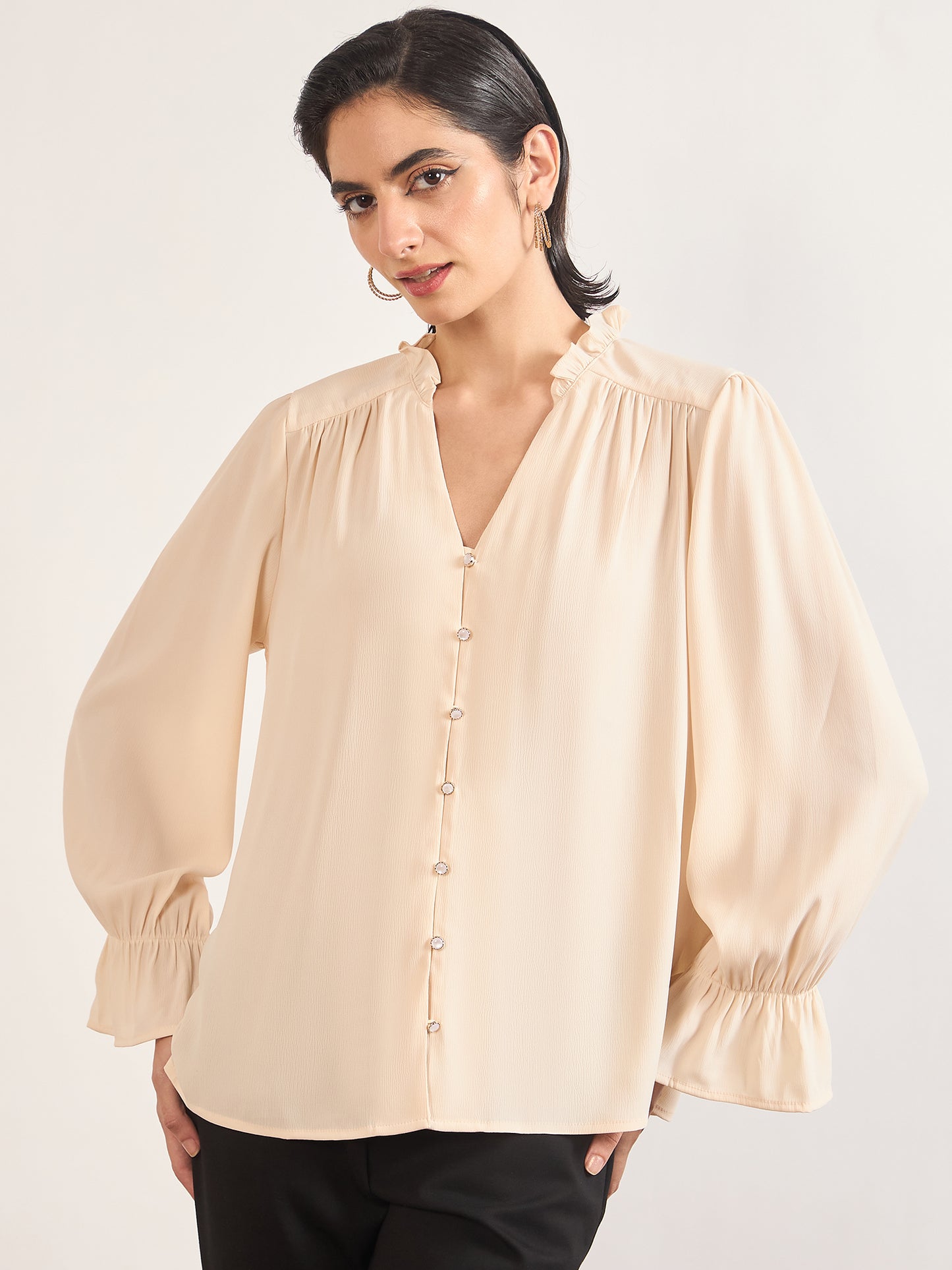 Beige Nylon Viscose Cuffed Sleeves Tunic