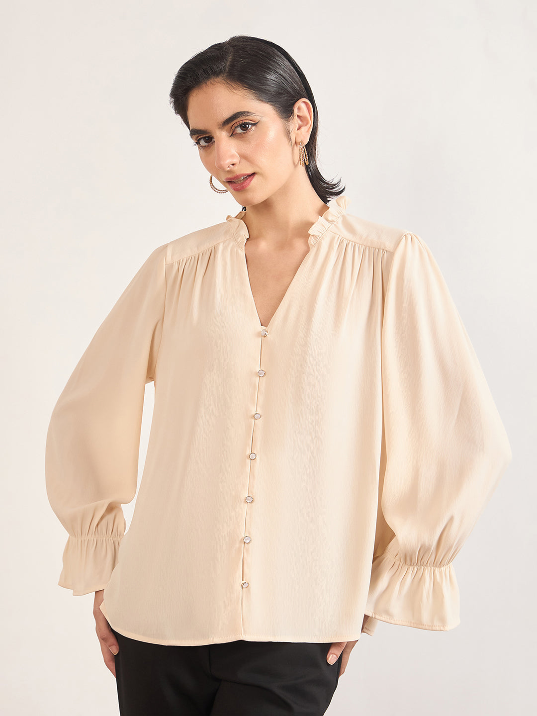 Beige Nylon Viscose Cuffed Sleeves Tunic