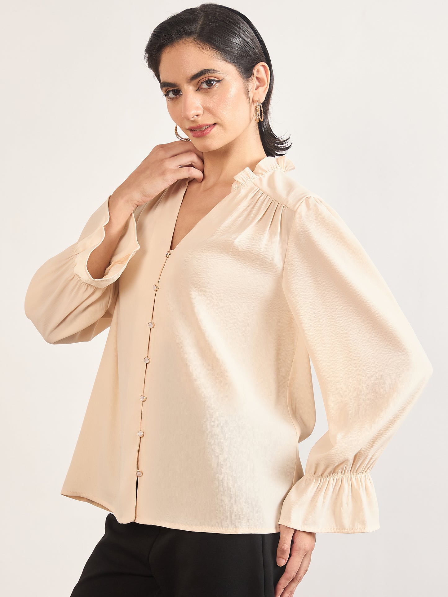 Beige Nylon Viscose Cuffed Sleeves Tunic