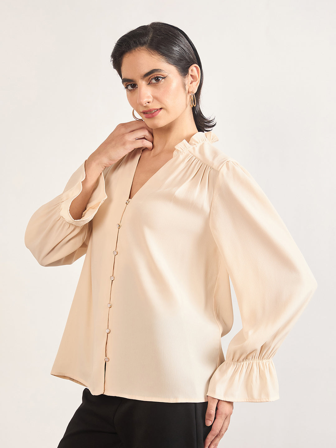 Beige Nylon Viscose Cuffed Sleeves Tunic