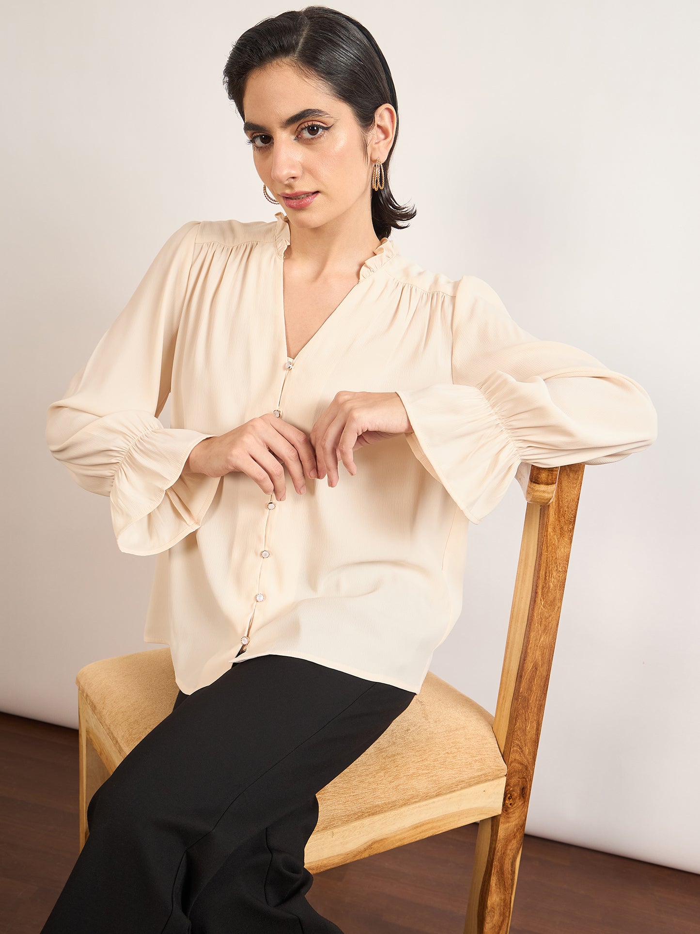 Beige Nylon Viscose Cuffed Sleeves Tunic